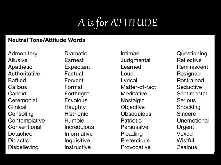 A is for ATTITUDE • Tone terms: 