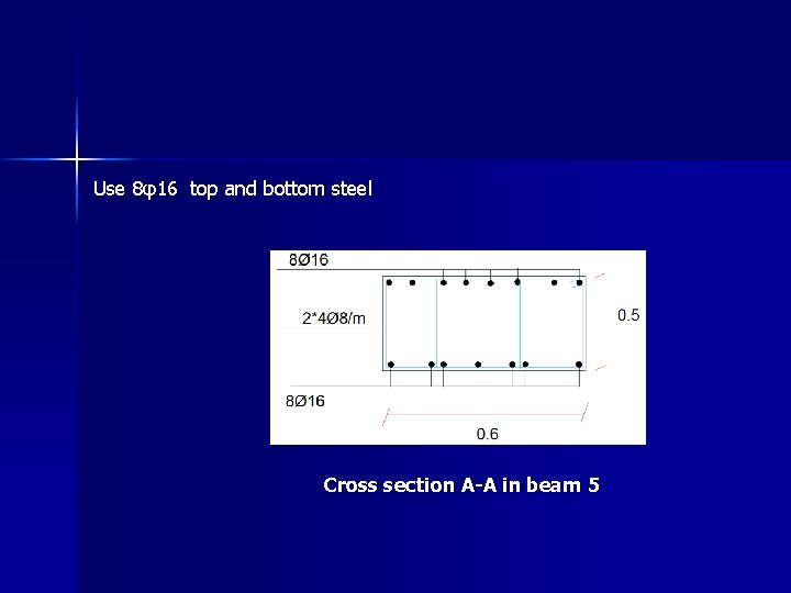 Use 8φ16 top and bottom steel Cross section A-A in beam 5 