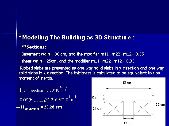 *Modeling The Building as 3 D Structure : **Sections: -Basement walls= 30 cm, and