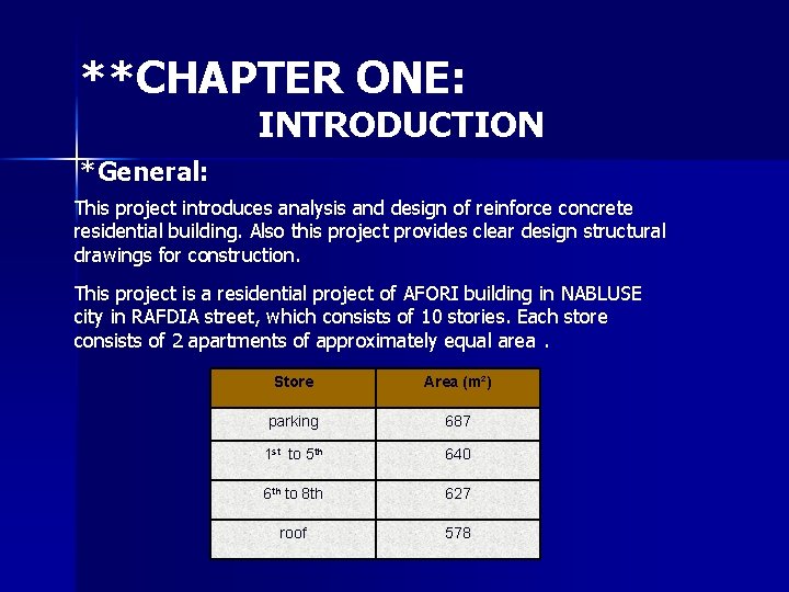 **CHAPTER ONE: INTRODUCTION *General: This project introduces analysis and design of reinforce concrete residential