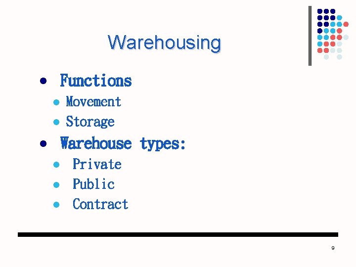 Warehousing Functions l l l Movement Storage Warehouse types: l l Private Public Contract