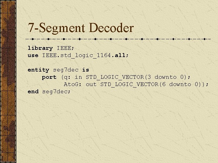 7 -Segment Decoder library IEEE; use IEEE. std_logic_1164. all; entity seg 7 dec is