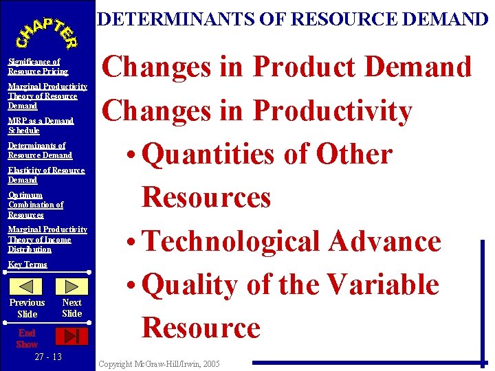 DETERMINANTS OF RESOURCE DEMAND Significance of Resource Pricing Marginal Productivity Theory of Resource Demand