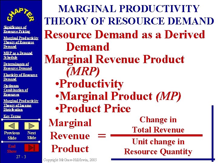 Significance of Resource Pricing Marginal Productivity Theory of Resource Demand MRP as a Demand