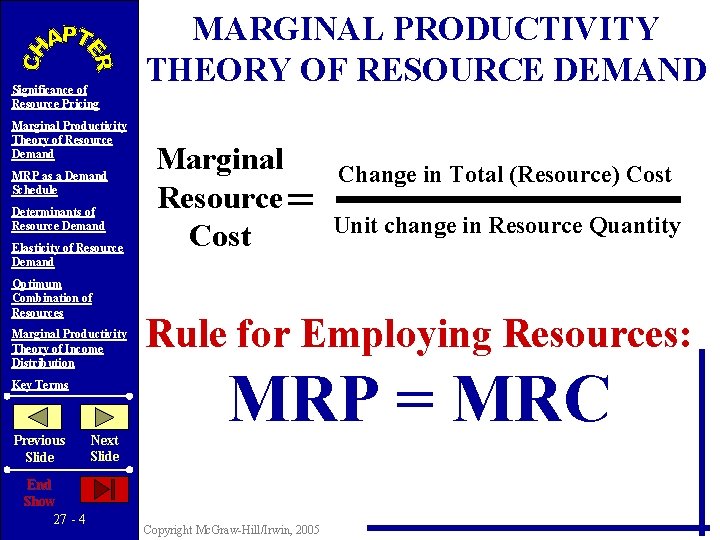 Significance of Resource Pricing Marginal Productivity Theory of Resource Demand MRP as a Demand
