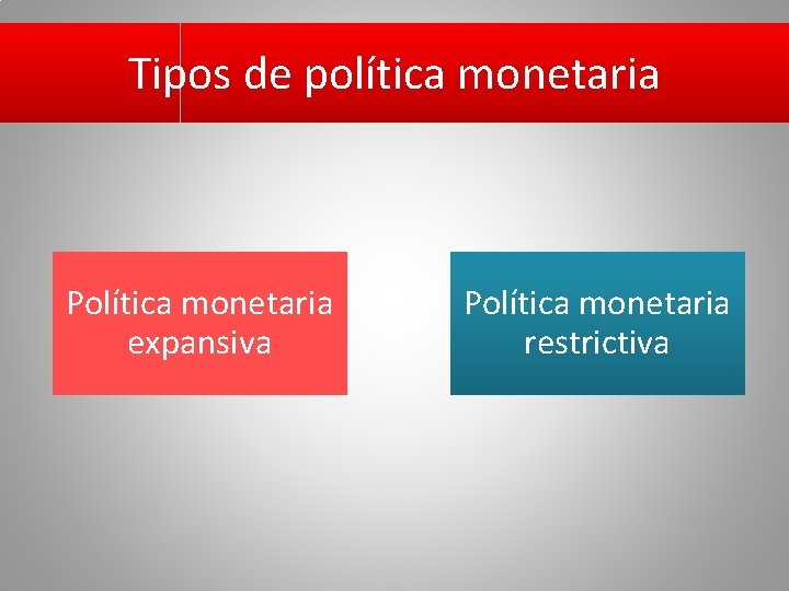 Tipos de política monetaria Política monetaria expansiva Política monetaria restrictiva 