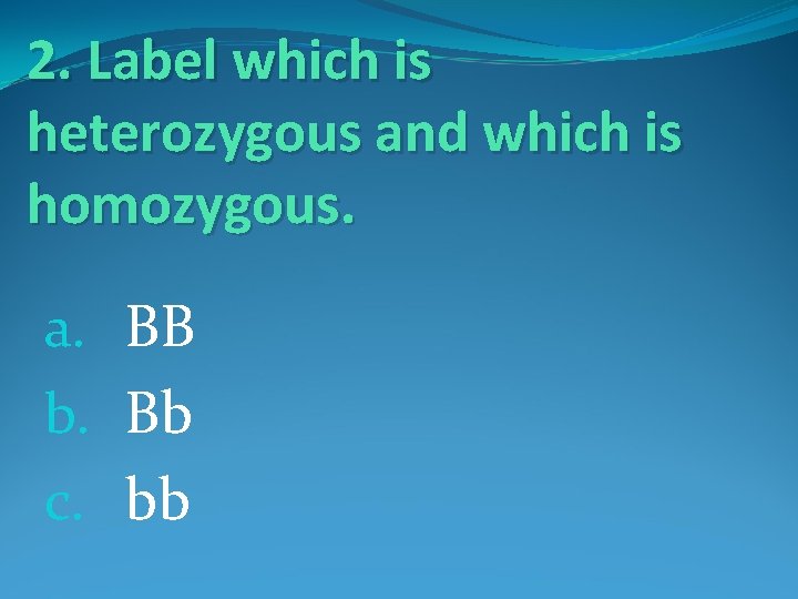 2. Label which is heterozygous and which is homozygous. a. BB b. Bb c.