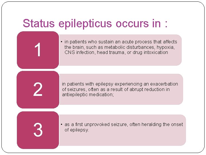 Status epilepticus occurs in : 1 • in patients who sustain an acute process