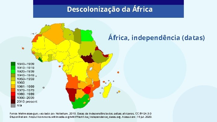 Descolonização da África, independência (datas) Fonte: Mehmetaergun; recriado por Nobelium, 2010. Datas da Independência