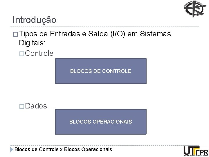 Introdução � Tipos de Entradas e Saída (I/O) em Sistemas Digitais: � Controle BLOCOS