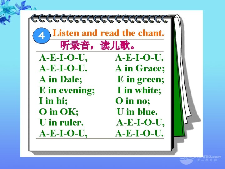 4 Listen and read the chant. 听录音,读儿歌。 A-E-I-O-U, A-E-I-O-U. A in Grace; A in 4 Listen and read the chant. 听录音,读儿歌。 A-E-I-O-U, A-E-I-O-U. A in Grace; A in