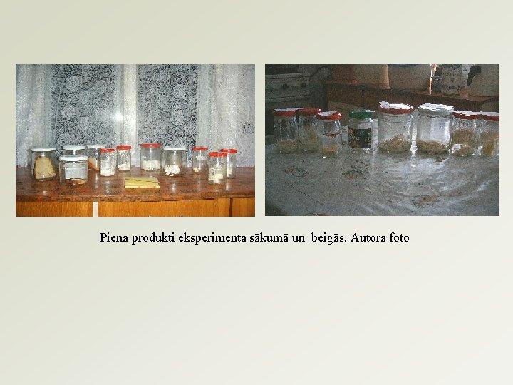Piena produkti eksperimenta sākumā un beigās. Autora foto 