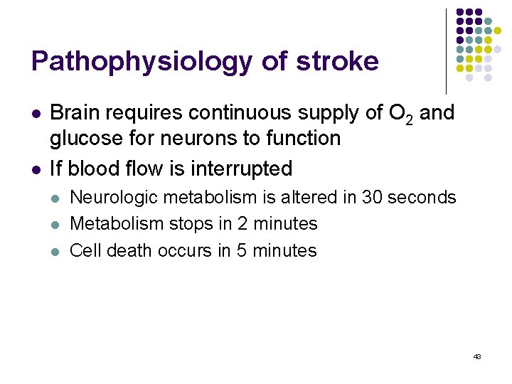 Pathophysiology of stroke l l Brain requires continuous supply of O 2 and glucose