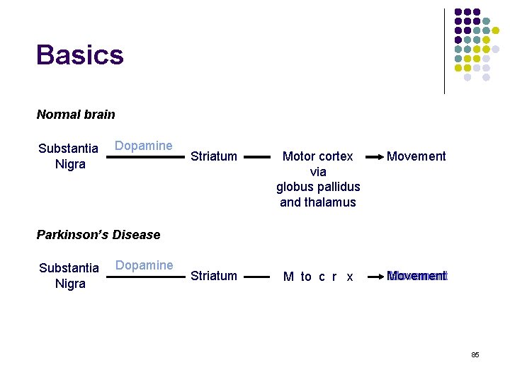 Basics Normal brain Substantia Nigra Dopamine Striatum Motor cortex via globus pallidus and thalamus