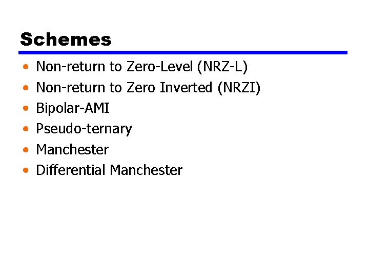 Schemes • • • Non-return to Zero-Level (NRZ-L) Non-return to Zero Inverted (NRZI) Bipolar-AMI