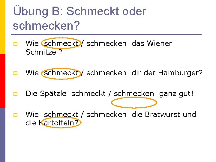 Übung B: Schmeckt oder schmecken? p Wie schmeckt / schmecken das Wiener Schnitzel? p