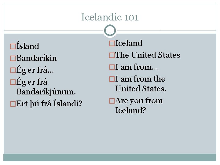 Icelandic 101 �Ísland �Bandaríkin �Ég er frá. . . �Ég er frá Bandaríkjúnum. �Ert