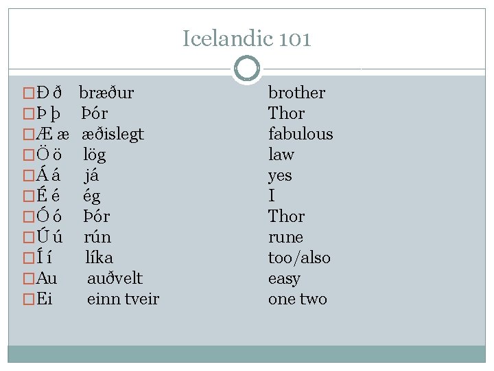 Icelandic 101 �Ð ð �Þ þ �Æ æ �Ö ö �Á á �É é