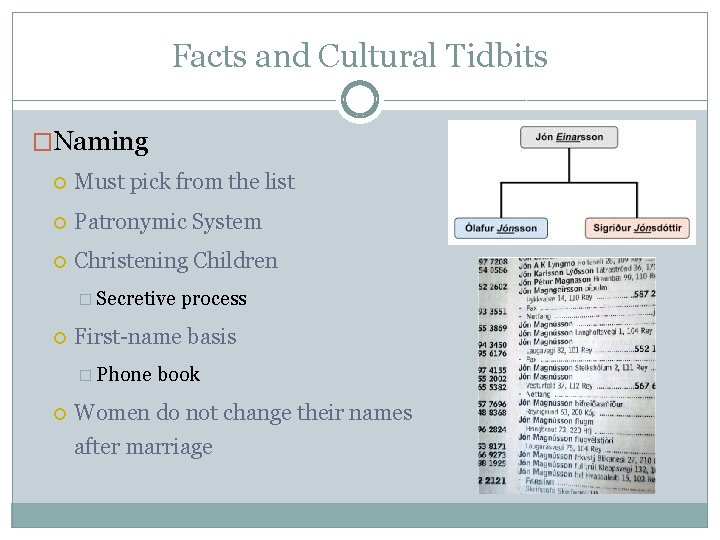 Facts and Cultural Tidbits �Naming Must pick from the list Patronymic System Christening Children