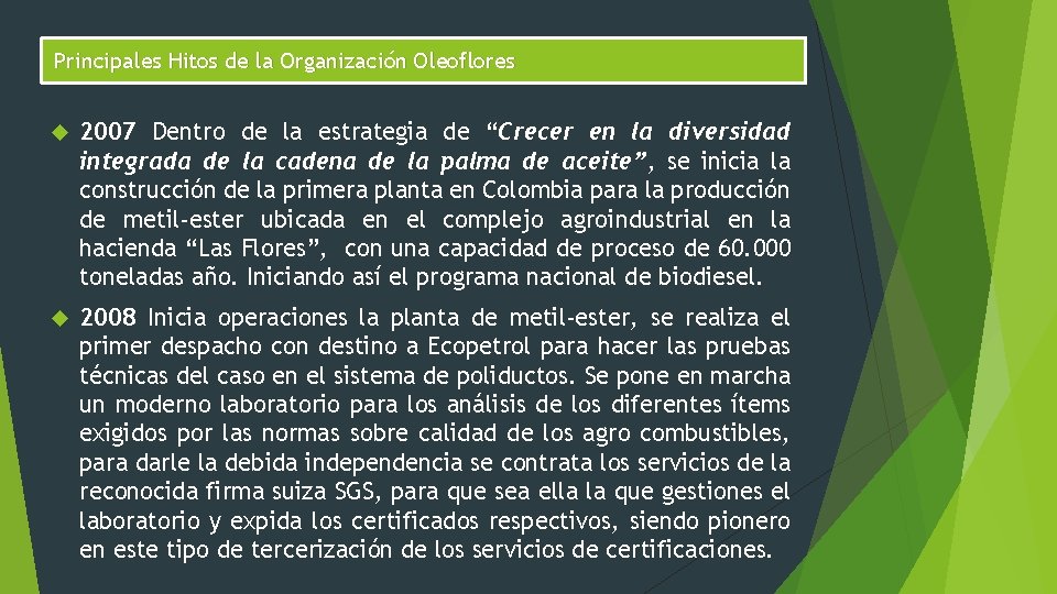 Principales Hitos de la Organización Oleoflores 2007 Dentro de la estrategia de “Crecer en