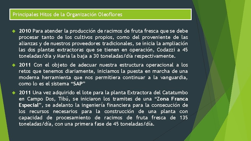 Principales Hitos de la Organización Oleoflores 2010 Para atender la producción de racimos de