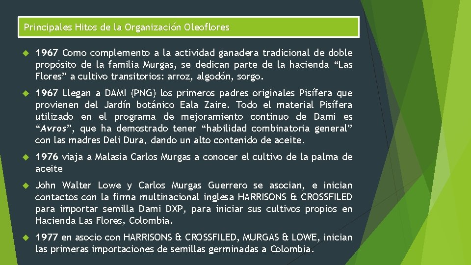 Principales Hitos de la Organización Oleoflores 1967 Como complemento a la actividad ganadera tradicional