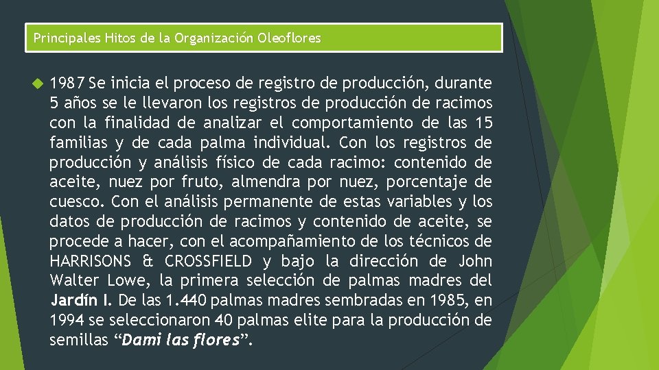 Principales Hitos de la Organización Oleoflores 1987 Se inicia el proceso de registro de