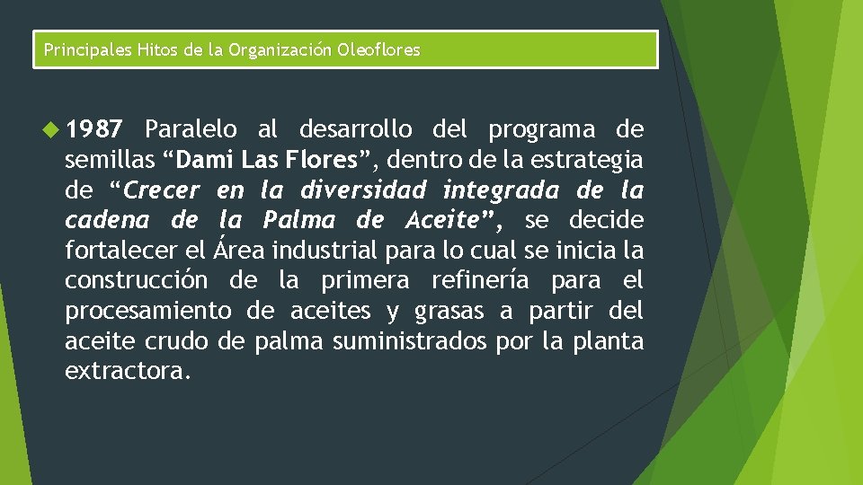 Principales Hitos de la Organización Oleoflores 1987 Paralelo al desarrollo del programa de semillas