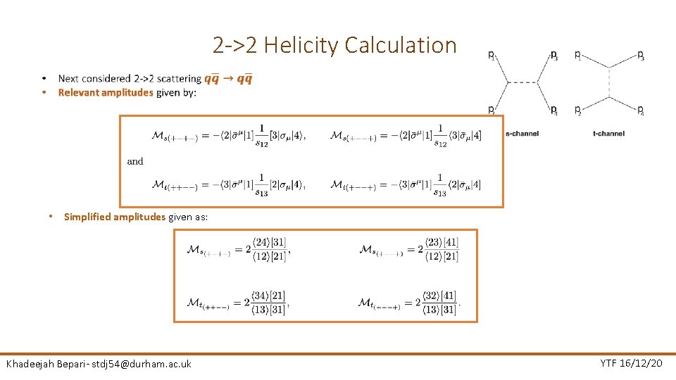 2 ->2 Helicity Calculation • Simplified amplitudes given as: Khadeejah Bepari- stdj 54@durham. ac.