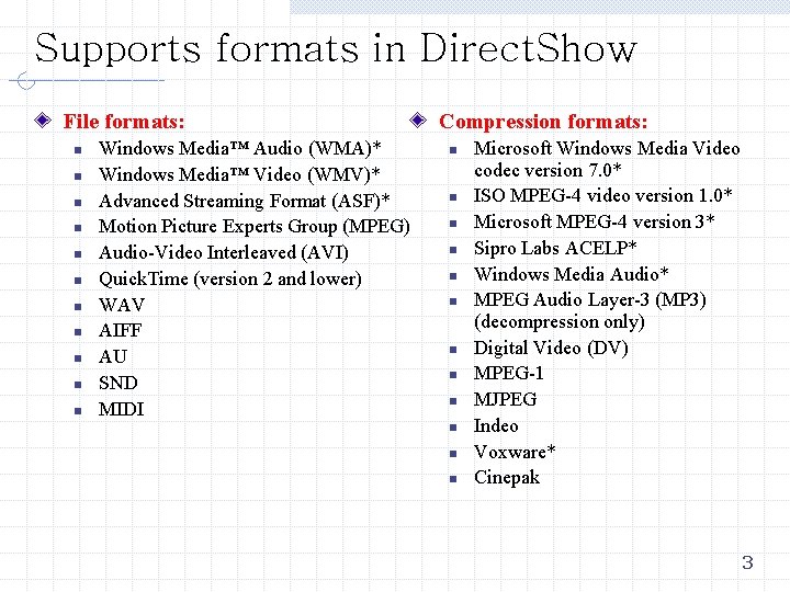 Supports formats in Direct. Show File formats: n n n Windows Media™ Audio (WMA)*