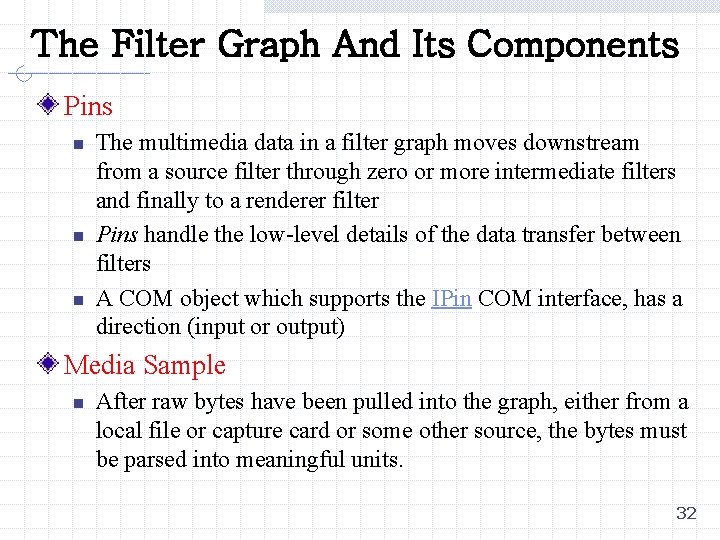 The Filter Graph And Its Components Pins n n n The multimedia data in