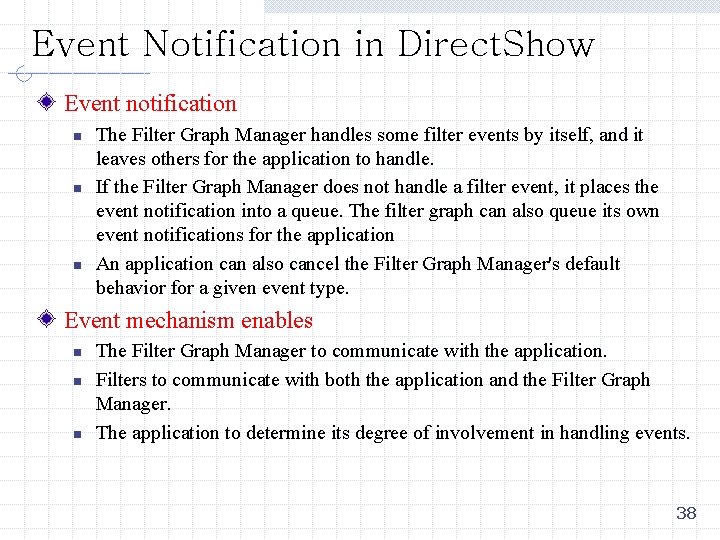 Event Notification in Direct. Show Event notification n The Filter Graph Manager handles some
