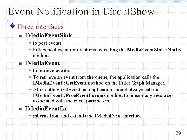 Event Notification in Direct. Show Three interfaces n IMedia. Event. Sink w to post