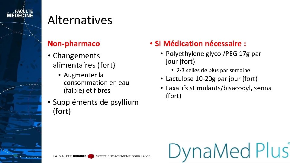 Alternatives Non-pharmaco • Changements alimentaires (fort) • Augmenter la consommation en eau (faible) et