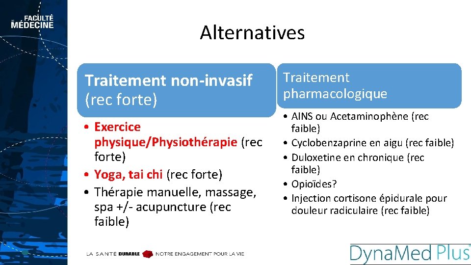 Alternatives Traitement non-invasif (rec forte) • Exercice physique/Physiothérapie (rec forte) • Yoga, tai chi