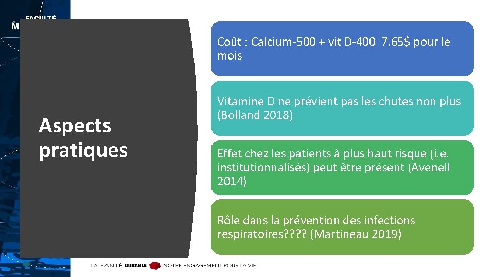 Coût : Calcium-500 + vit D-400 7. 65$ pour le mois Aspects pratiques Vitamine