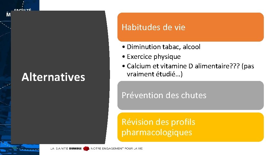 Habitudes de vie Alternatives • Diminution tabac, alcool • Exercice physique • Calcium et