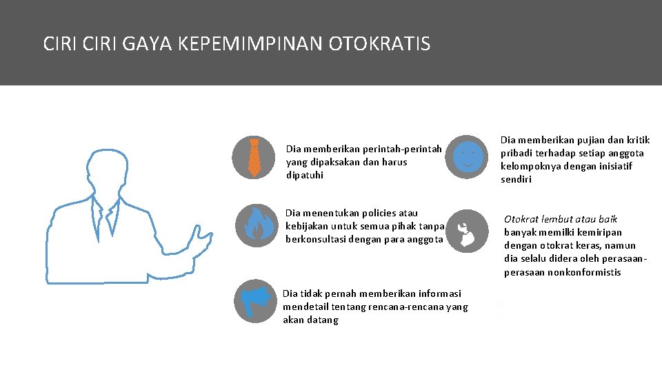 CIRI GAYA KEPEMIMPINAN OTOKRATIS Dia memberikan perintah-perintah yang dipaksakan dan harus dipatuhi Dia menentukan