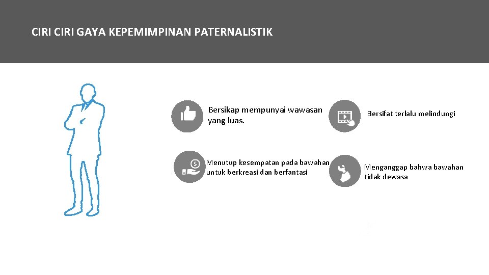 CIRI GAYA KEPEMIMPINAN PATERNALISTIK Bersikap mempunyai wawasan yang luas. Menutup kesempatan pada bawahan untuk