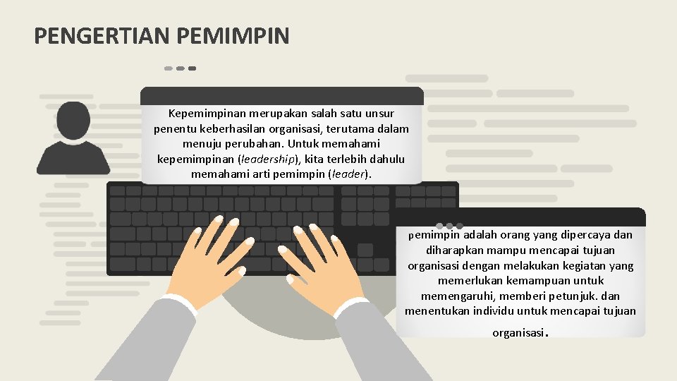 PENGERTIAN PEMIMPIN Kepemimpinan merupakan salah satu unsur penentu keberhasilan organisasi, terutama dalam menuju perubahan.