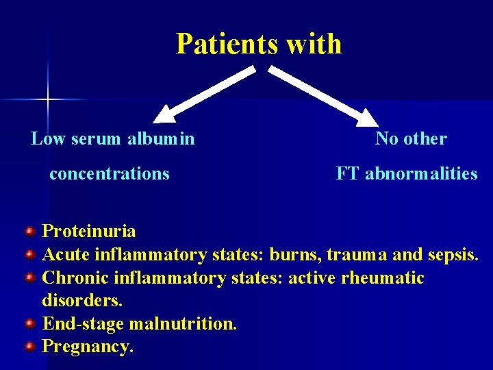 Patients with Low serum albumin No other concentrations FT abnormalities Proteinuria Acute inflammatory states: