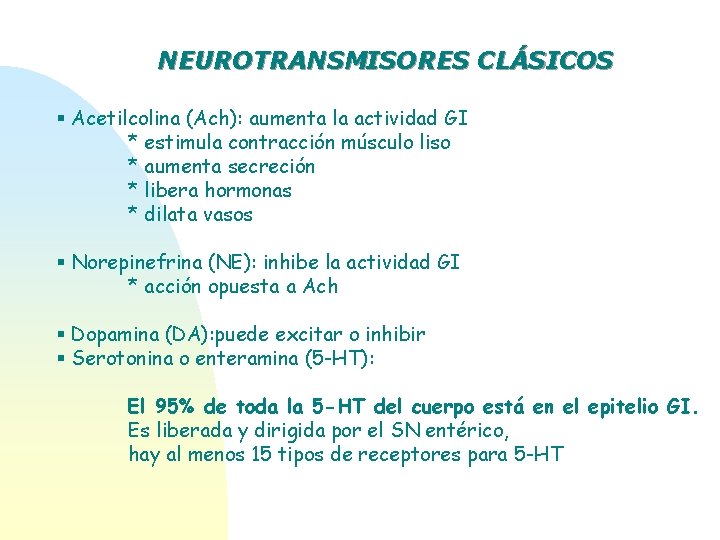 NEUROTRANSMISORES CLÁSICOS § Acetilcolina (Ach): aumenta la actividad GI * estimula contracción músculo liso