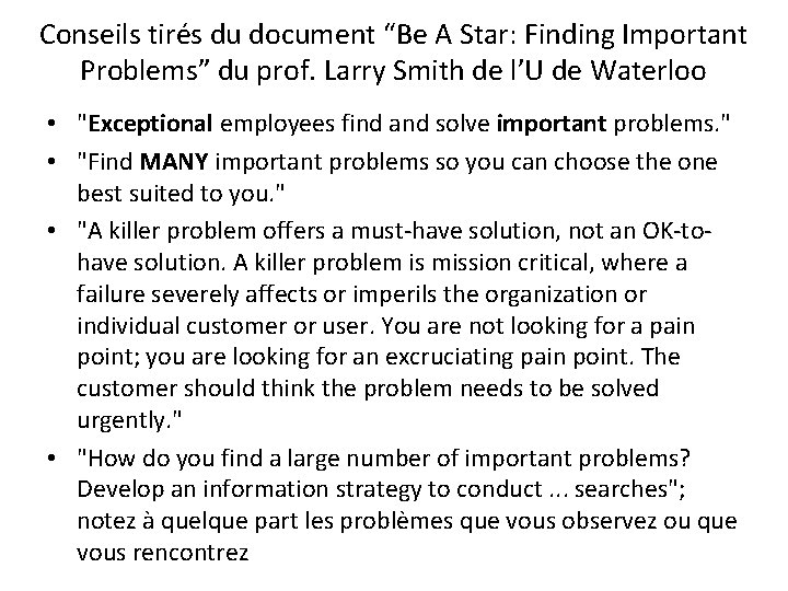 Conseils tirés du document “Be A Star: Finding Important Problems” du prof. Larry Smith