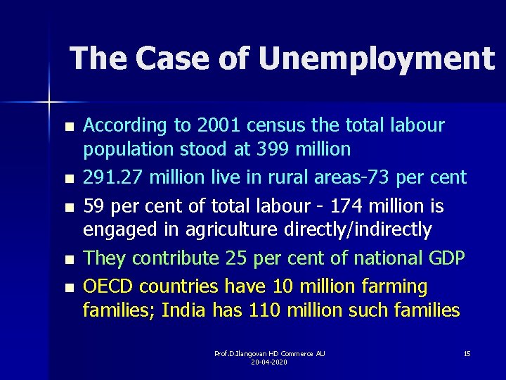The Case of Unemployment n n n According to 2001 census the total labour