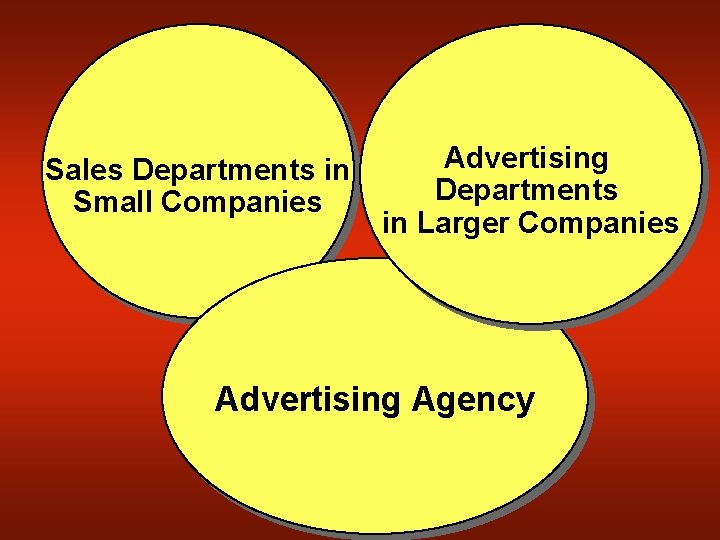 Sales Departments in Small Companies Advertising Departments in Larger Companies Advertising Agency 