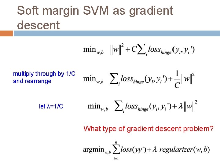 Soft margin SVM as gradient descent multiply through by 1/C and rearrange let λ=1/C