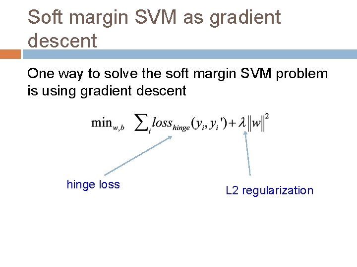 Soft margin SVM as gradient descent One way to solve the soft margin SVM