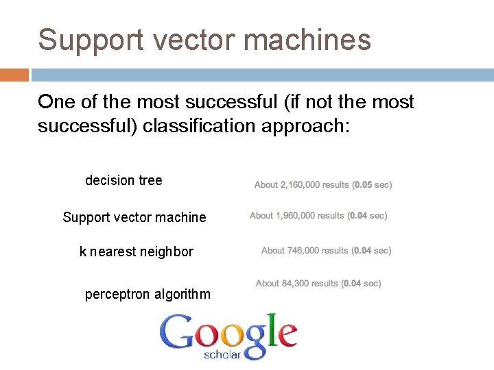 Support vector machines One of the most successful (if not the most successful) classification