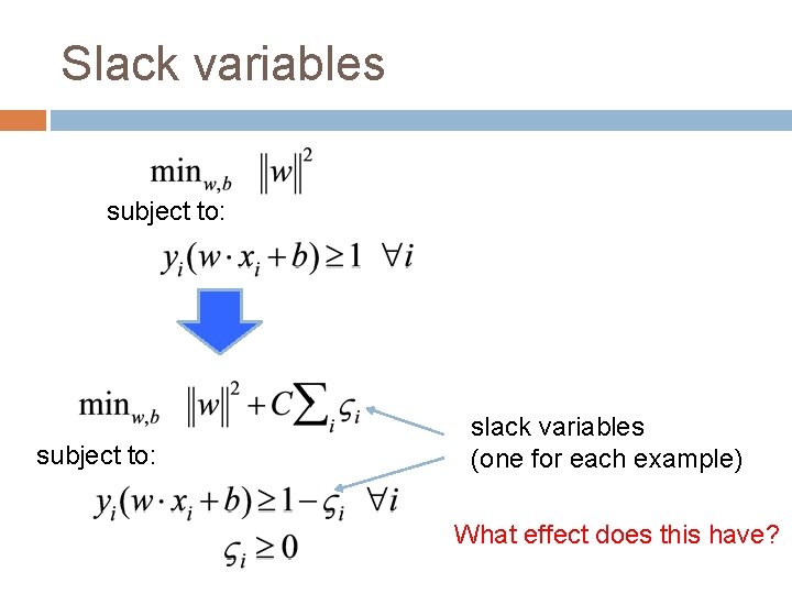 Slack variables subject to: slack variables (one for each example) What effect does this