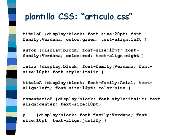 plantilla CSS: “articulo. css” titulo. P {display: block; font-size: 20 pt; fontfamily: Verdana; color: plantilla CSS: “articulo. css” titulo. P {display: block; font-size: 20 pt; fontfamily: Verdana; color: